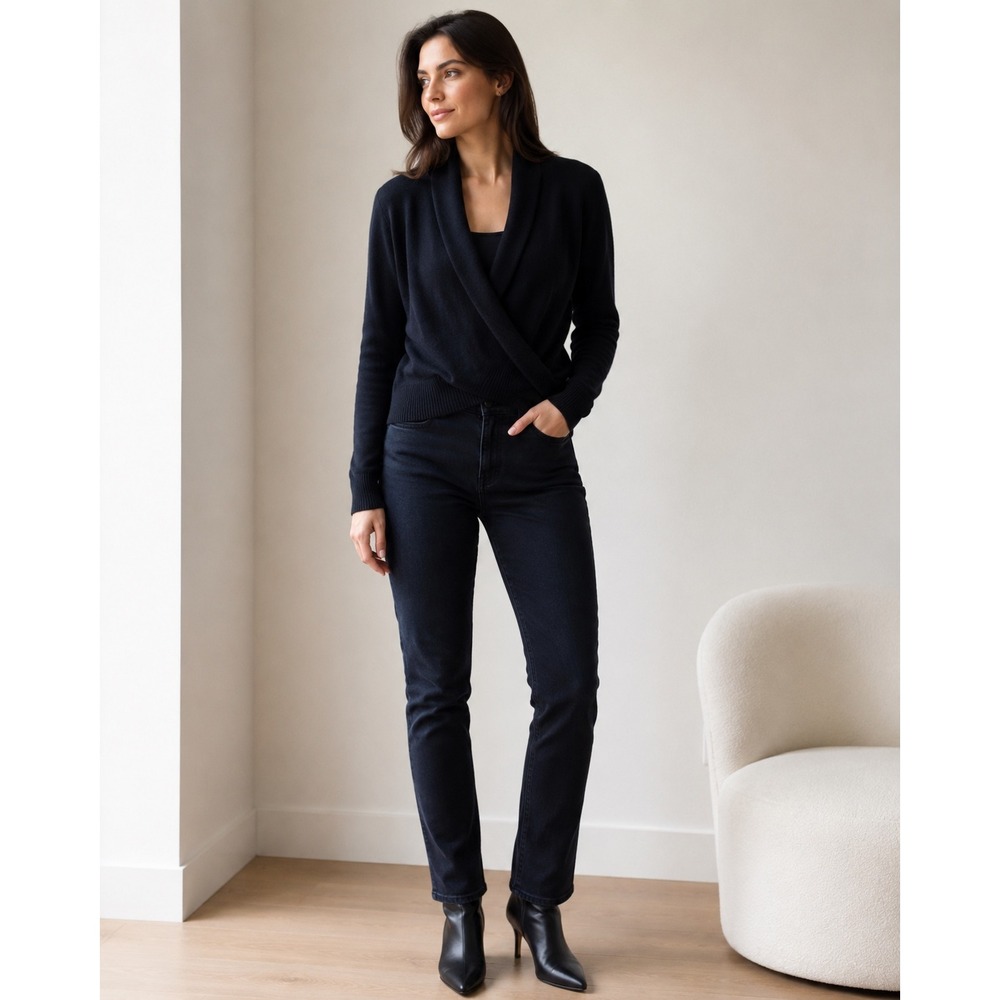 Vince 100% Cashmere Black Wrap Sweater V-Neck Draped Crossover Women's L